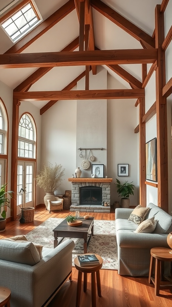 A cozy living room with warm wood finishes, featuring exposed beams, a stone fireplace, and comfortable furniture.