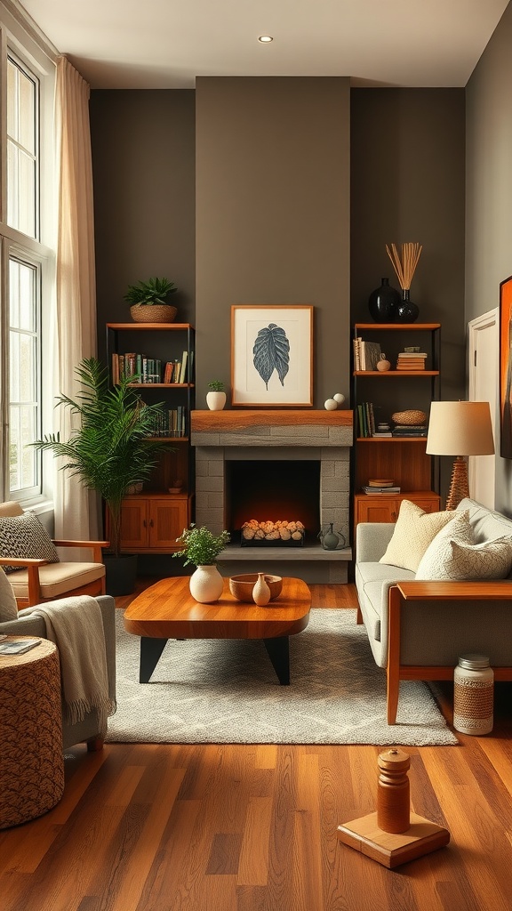 A cozy living room with warm wood tones, featuring a fireplace, bookshelves, and comfortable seating.