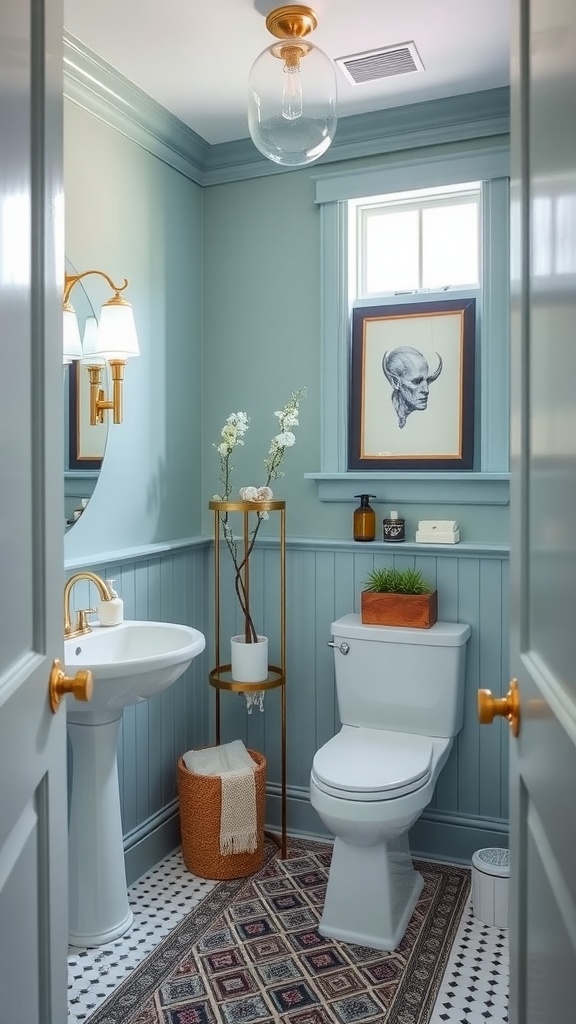 A stylish powder room painted in Water's Edge by Benjamin Moore, featuring gold accents and decorative elements.