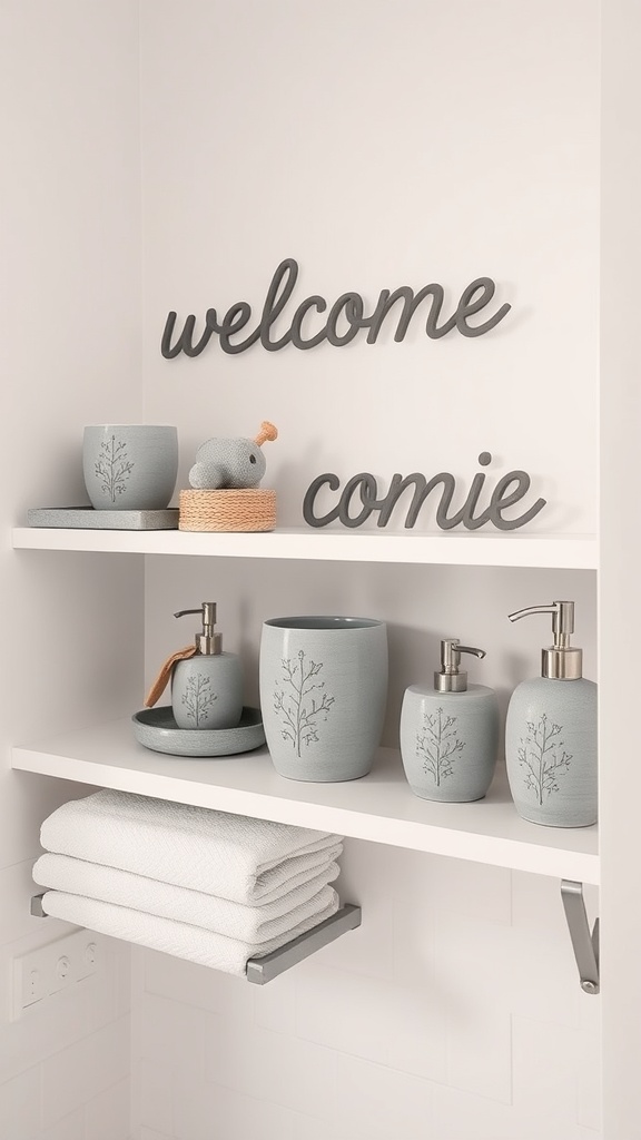 Gray bath accessories arranged on shelves with welcoming signs.