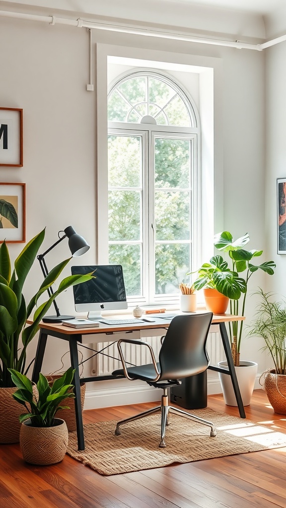 A bright home office with a desk, computer, and several plants near a large window