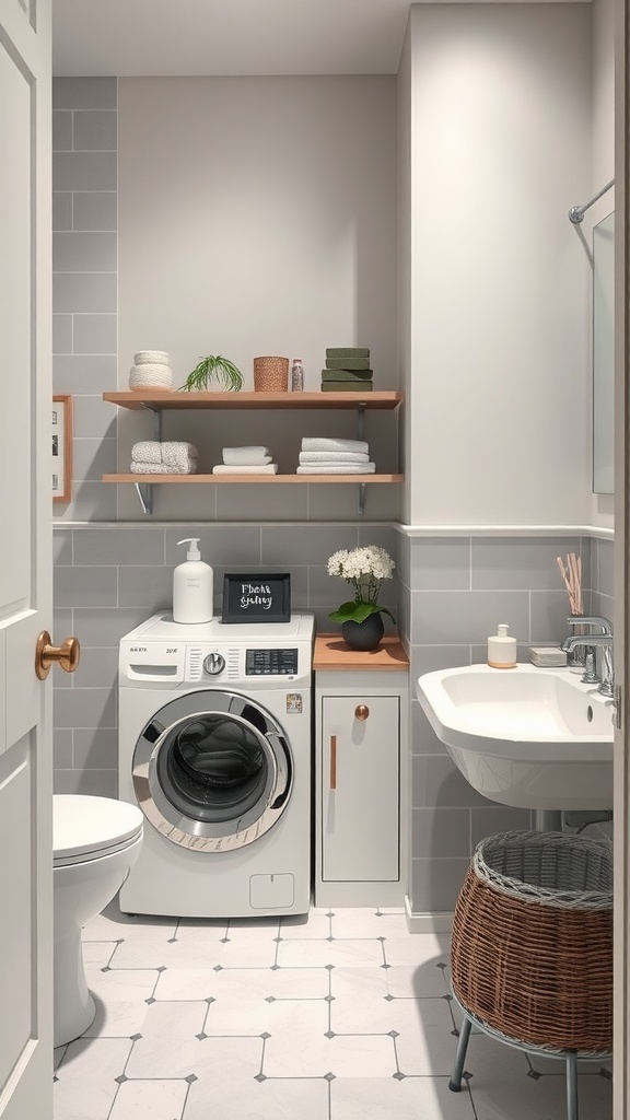 Gray and white laundry area with a washing machine, sink, and floating shelves