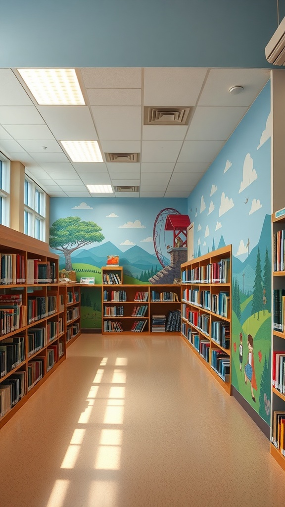 A home library featuring colorful book-themed wall murals with a landscape design.