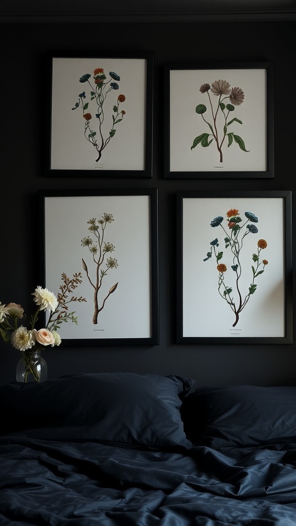 Four framed botanical prints on a dark wall over a bed with dark bedding.