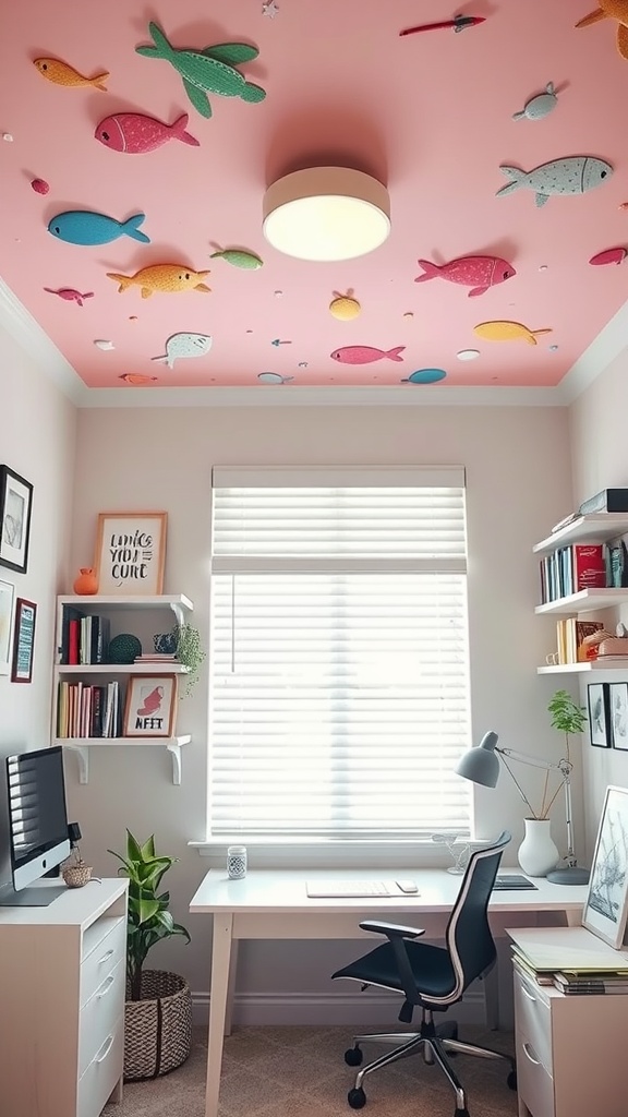 Home office with a whimsical pink ceiling decorated with colorful fish.