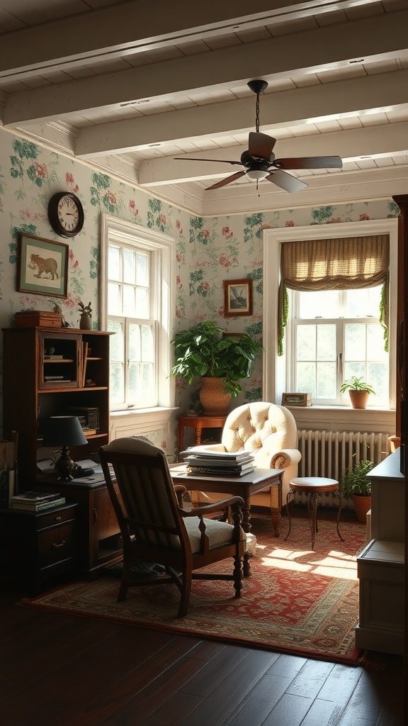 A cozy cottage-style home office with floral wallpaper, vintage furniture, and natural light.