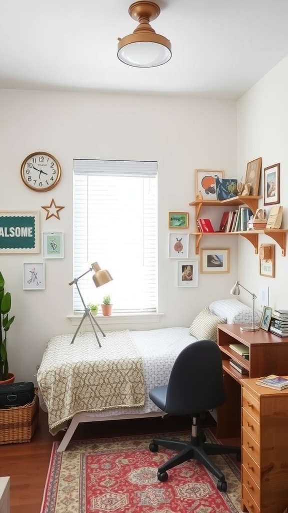 A cozy and stylish home office guest room featuring a desk, a bed, and whimsical decor elements.