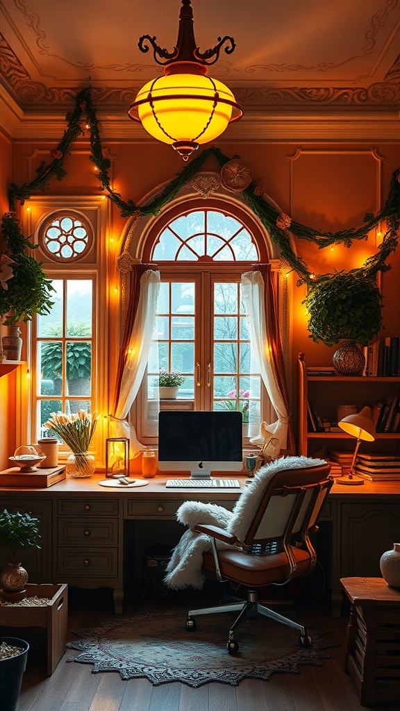 A cozy fairy-tale inspired home office with warm lighting, plants, and a stylish desk.