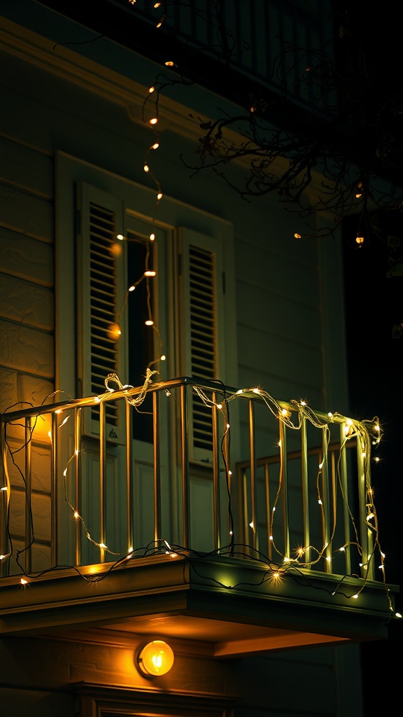 A small balcony illuminated with warm fairy lights at night