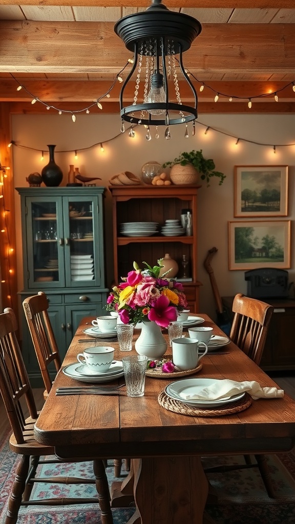 A cozy dining room with fairy lights, rustic wooden table, and floral centerpiece.