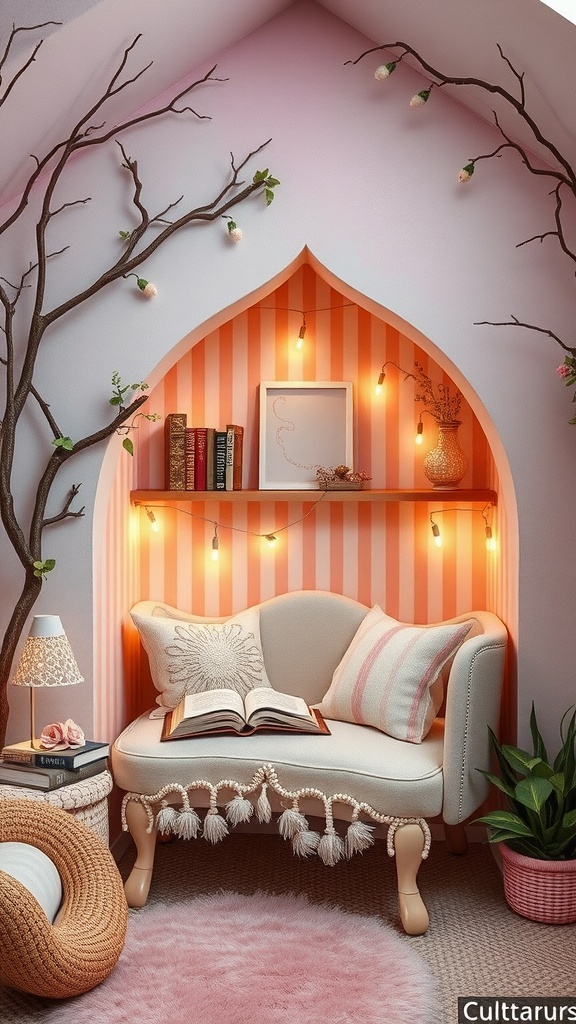 A cozy reading nook with a whimsical fairy tale theme, featuring soft pink walls, a charming settee, and decorative branches with fairy lights.