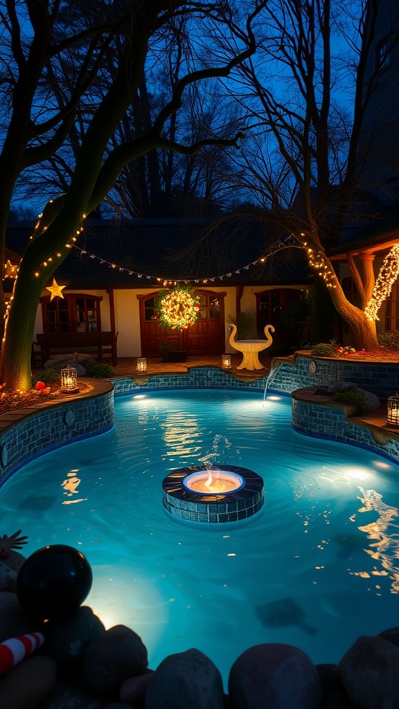 A whimsical pool area at night, featuring twinkling lights, a central fountain, and decorative elements.