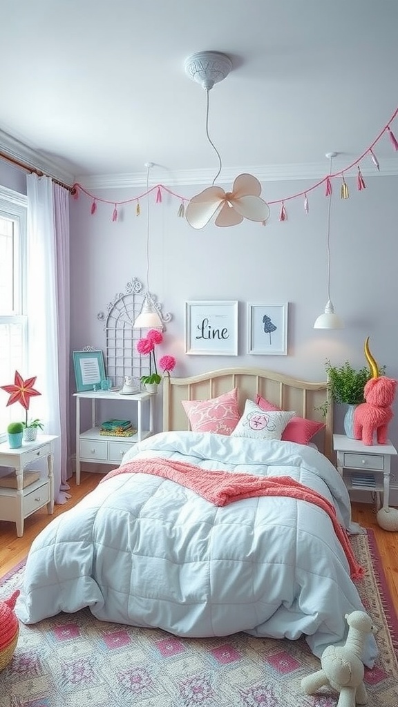 A whimsical bedroom with pastel tones, playful decor, and cozy bedding.