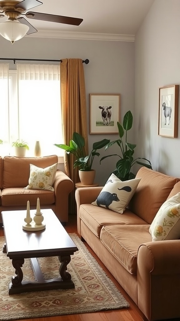 A cozy living room with earthy tones, featuring animal-themed pillows and framed artwork of farm animals.