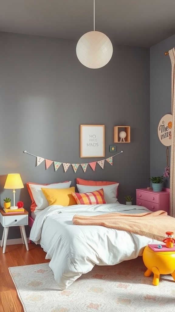 A cozy grey bedroom featuring colorful pillows, bunting, and playful furniture.