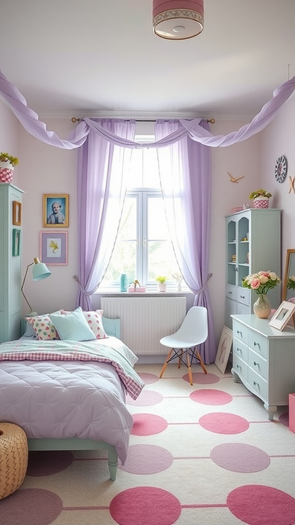 A whimsical bedroom decorated in lavender and mint colors, featuring curtains, bedding, and furniture in soft tones, with polka dot carpet.