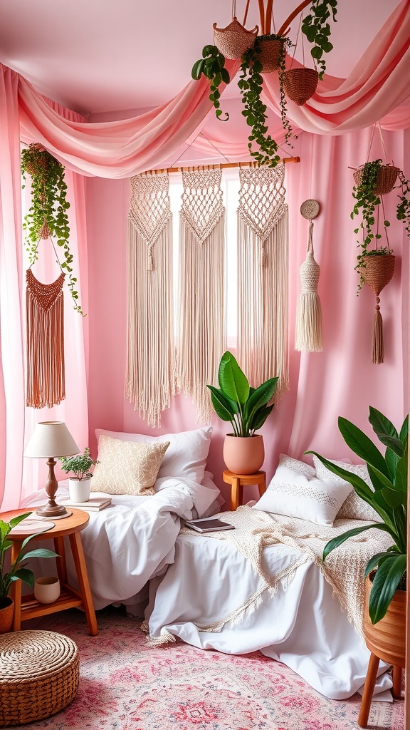 Cozy pink boho bedroom with plants and woven decor