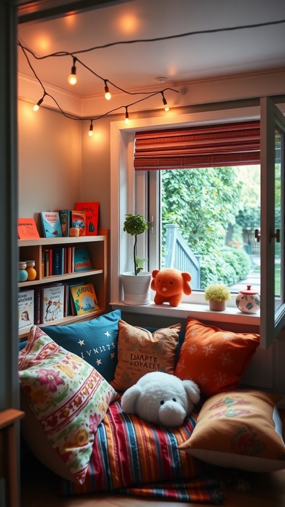 A whimsical reading nook featuring colorful pillows, a plush blanket, and bookshelves filled with children's books, complemented by warm string lights.