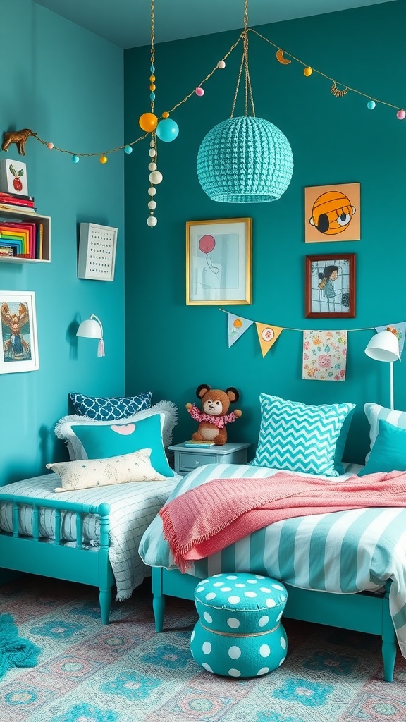 A whimsical teal bedroom featuring light teal walls, teal curtains, and a mix of teal and pink pillows on the bed.