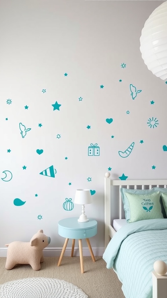 A bedroom featuring playful teal wall decals including stars, hearts, and animals on a grey wall.