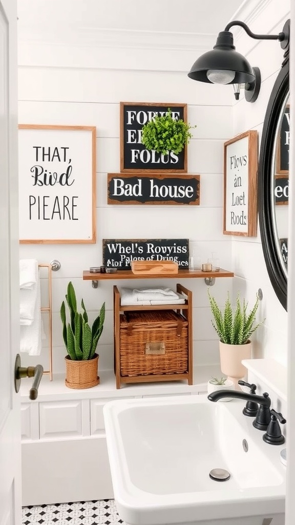 A cozy farmhouse bathroom decorated with playful wall art and greenery.