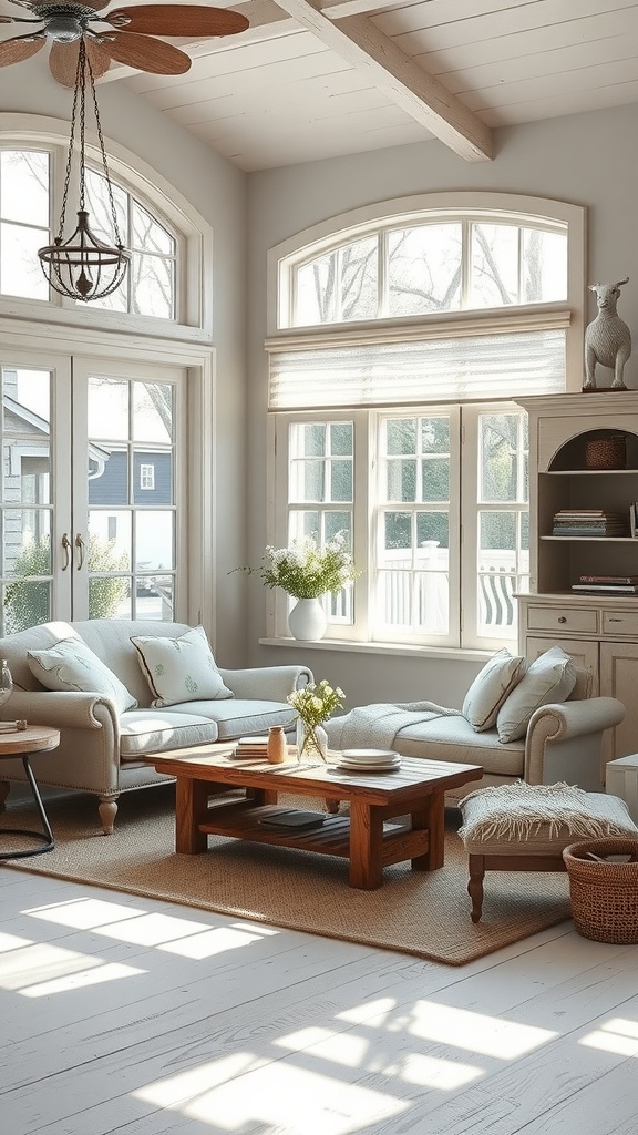 A cozy rustic farmhouse living room featuring large windows, light-colored furniture, and wooden accents