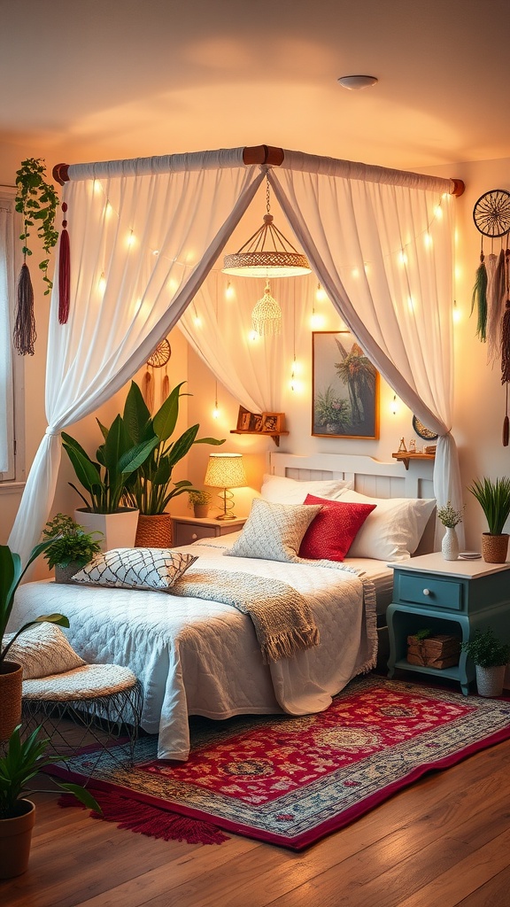 A cozy black boho bedroom with plants, soft textiles, and inviting lighting.