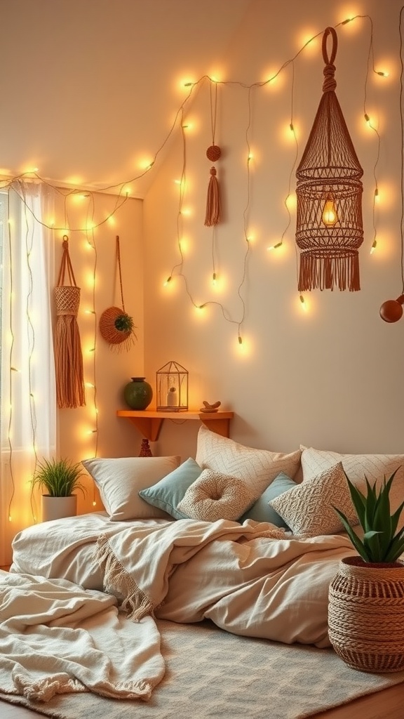 Cozy bedroom with woven lights and warm fairy lights on the walls, featuring soft bedding and natural decor.