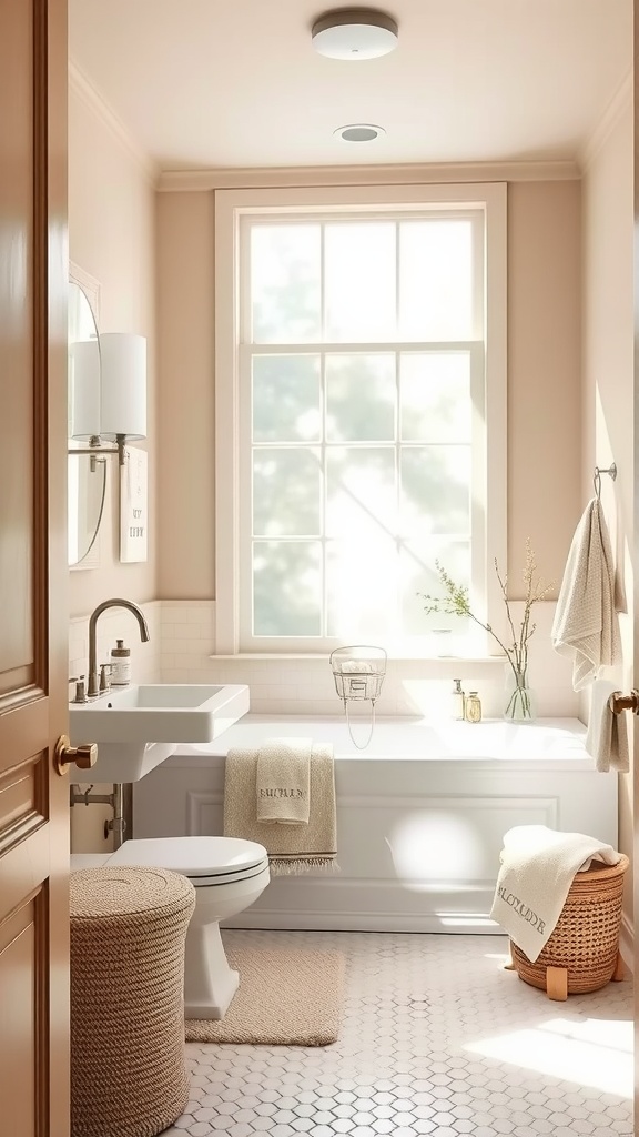 A well-lit bathroom featuring Whiskers by Glidden paint, showcasing a neutral color palette with natural elements.