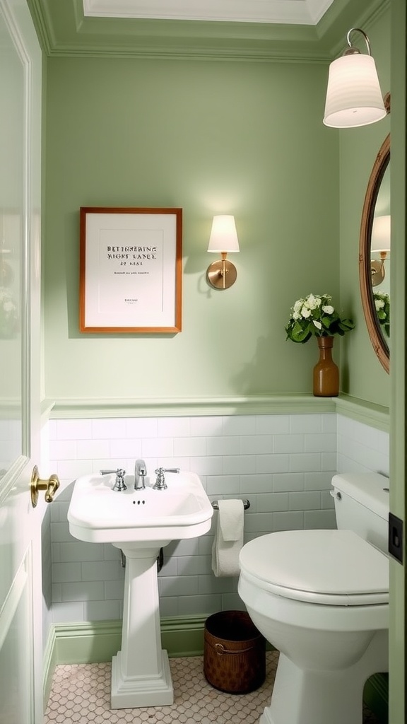 A beautifully designed powder room with Whispering Spring paint color, featuring white fixtures, framed art, and decorative plants.