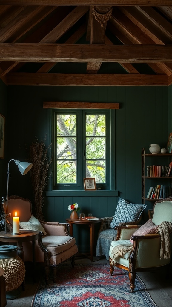 A cozy corner of a room with wooden beams, green walls, two armchairs, a small table, and a window with nature views.