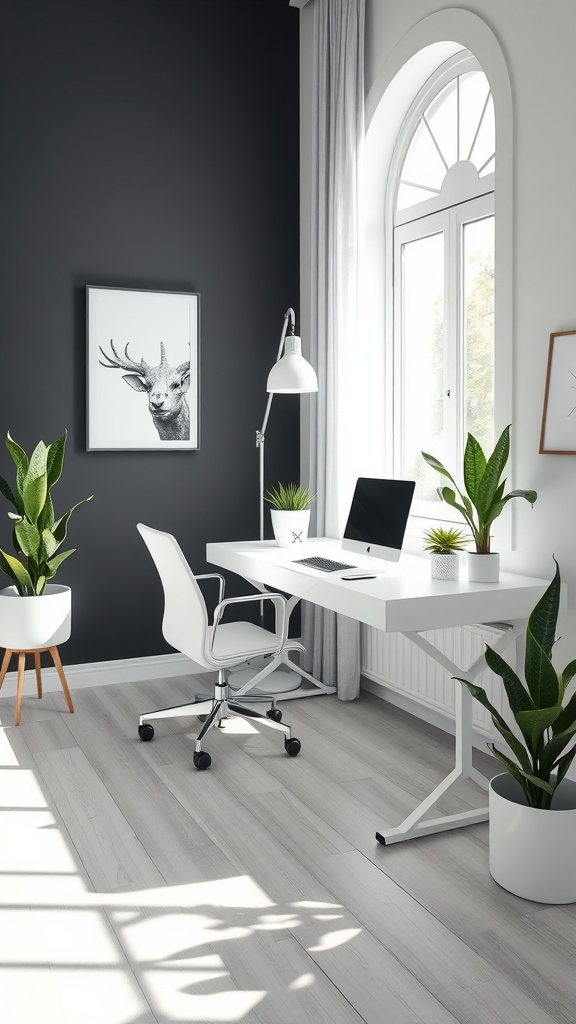 A modern home office featuring a dark grey wall, white desk, and plants in pots.
