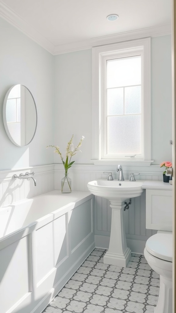 A bright bathroom with light blue walls, white trim, and a decorative touch.