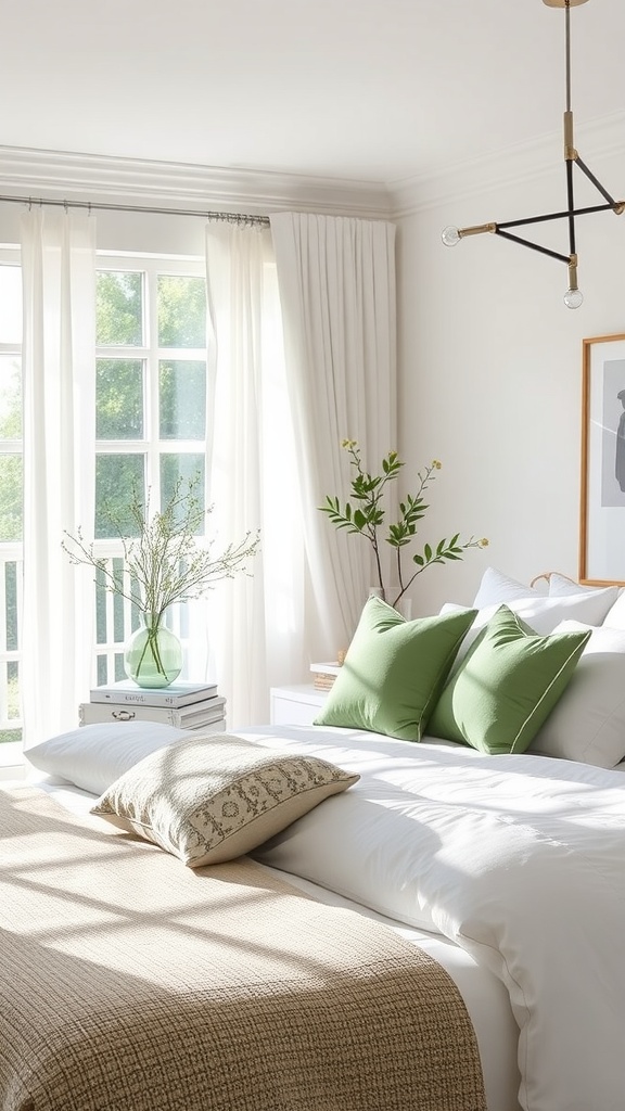 Cozy white bedroom with sage green accents, featuring green throw pillows, a beige blanket, and a vase of plants