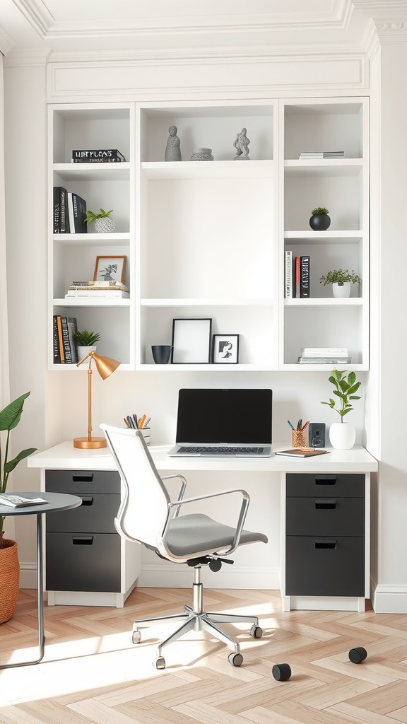 A modern home office featuring a white built-in work desk, ergonomic chair, and stylish shelving
