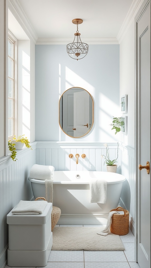 Bathroom with light blue walls, a white bathtub, and natural light