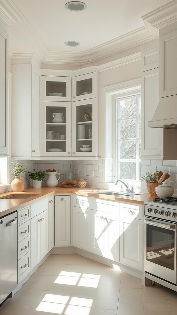 Bright kitchen with whitewashed cabinets and light wood countertops
