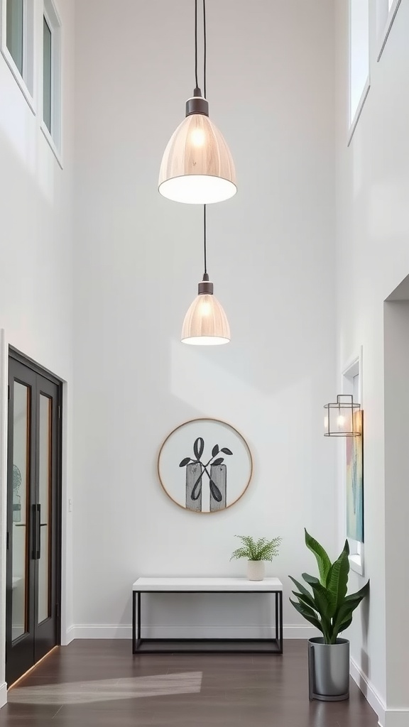 Stylish whitewashed wood pendant lights in a modern foyer