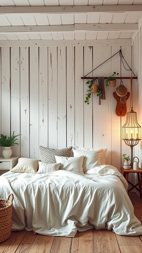 A cozy rustic bedroom featuring whitewashed wood paneling, a comfy bed with pillows, and warm ambient lighting.