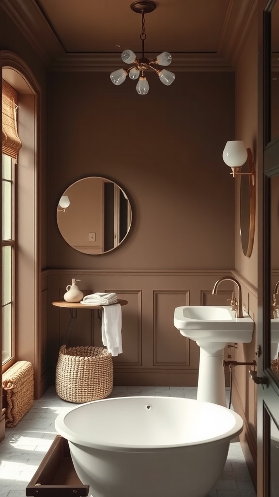 A cozy bathroom painted in Whithall Brown by Benjamin Moore, featuring a round mirror, a stylish light fixture, and a white bathtub.