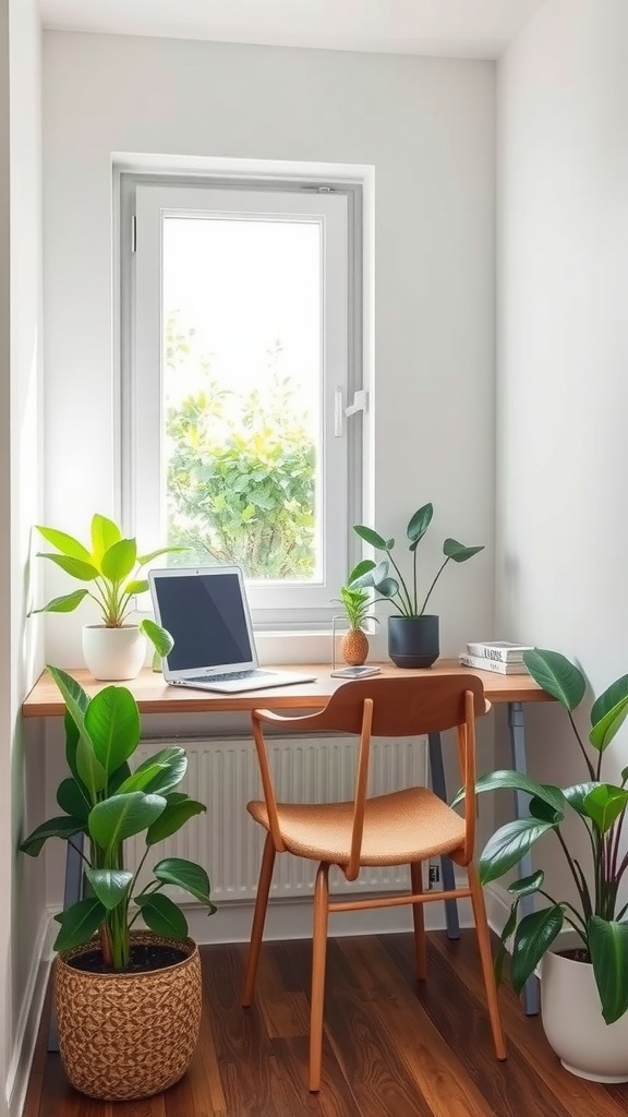 A cozy window alcove workspace featuring a wooden desk, a laptop, and several indoor plants.