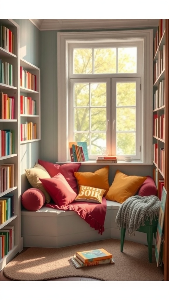 A cozy window nook for kids with colorful cushions, bookshelves filled with books, and a warm, inviting atmosphere.