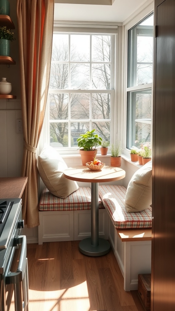 Cozy window seat with cushions and small table surrounded by potted plants.
