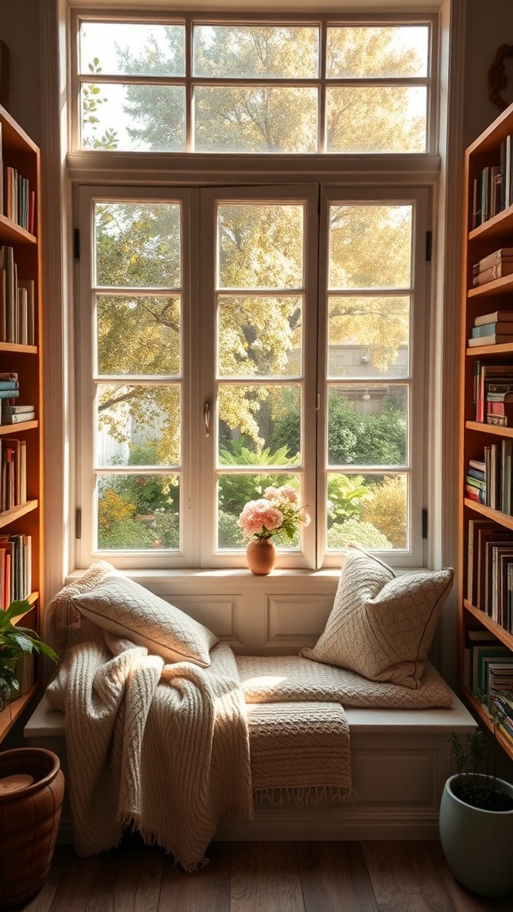 A cozy window seat with soft pillows and a blanket, overlooking a bright garden through large windows.
