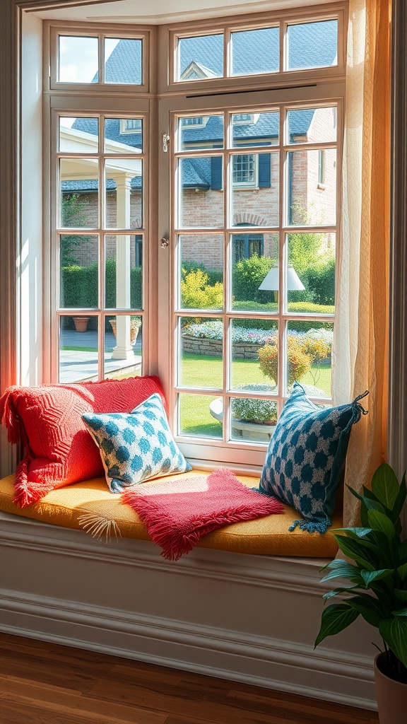 Cozy window seat decorated with colorful cushions, surrounded by large windows that let in natural light.