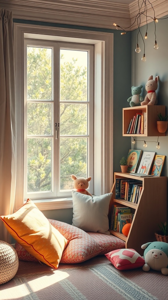 A cozy reading nook by a window with colorful pillows, a bookshelf filled with children's books, and plush toys.