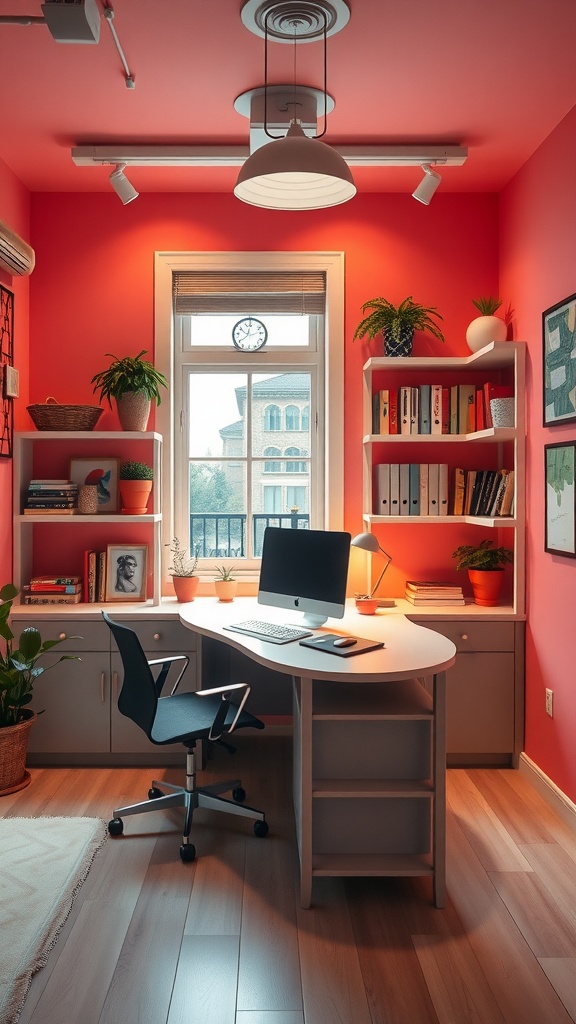 A stylish windowless office with a coral wall, a built-in desk, plants, and organized shelves.