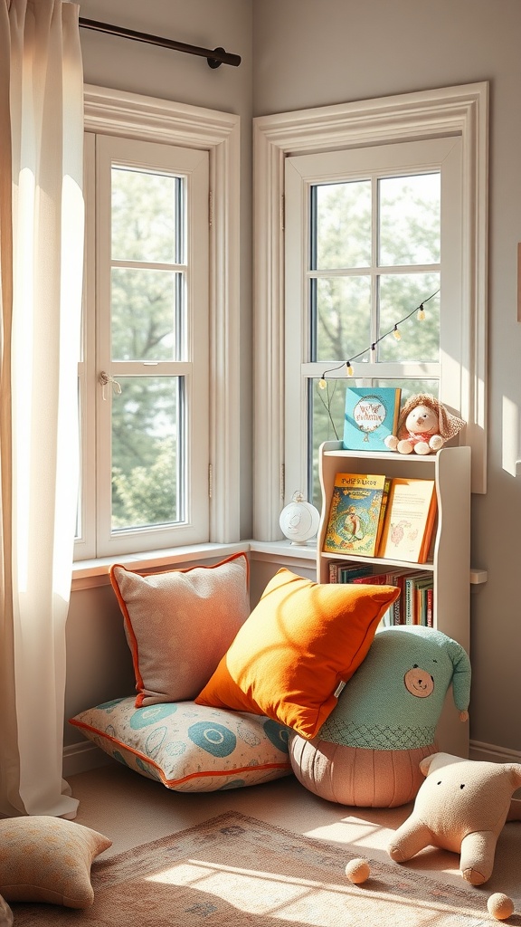 A bright reading nook with pillows, a small bookshelf, and windows.