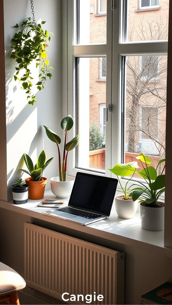 A cozy windowsill desk with plants, a laptop, and natural light
