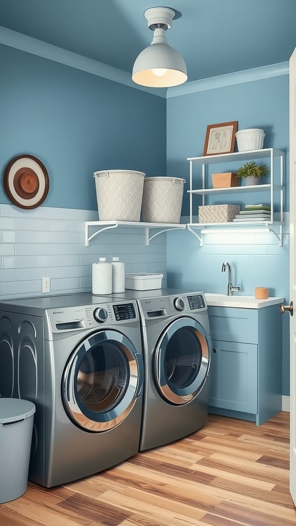 Laundry room painted in Windy Blue with modern appliances and white shelves